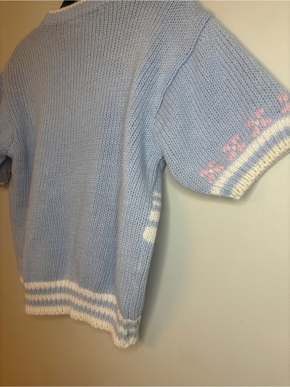 Pastel Blue & White Short-Sleeve Knit Sweater with Pink Accents - Picture 9 of 10